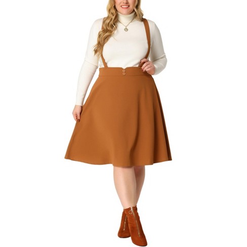 Agnes Orinda Plus Size Suspender Skirt for Women Detachable Strap A-Line  Skirts Brown 4X