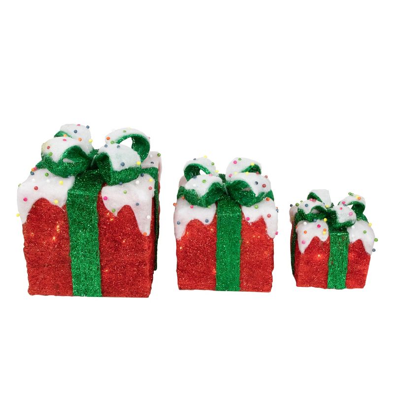 Northlight Set of 3 Lighted Snow and Candy Covered Sisal Gift Boxes Christmas Outdoor Decorations, 4 of 7