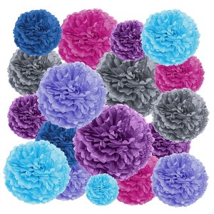 EpiqueOne 20-Piece Tissue Paper Pom Poms Party Decorations Kit - Blue, Teal, Purple, Lavender & Silver - 6", 8", 10", 12" & 14" - 1 of 4