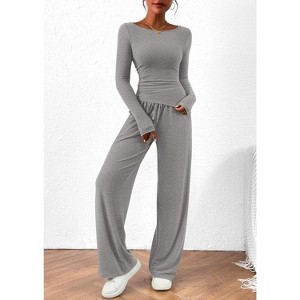 Women's 2 Piece Lounge Sets Asymmetrical Long Sleeve T Shirt Wide Leg Pants Casual Outfits Tracksui - 1 of 4