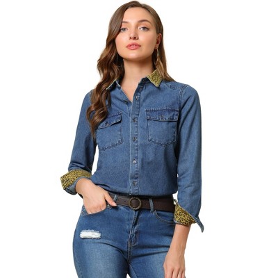 Allegra K Women's Leopard Print Long Sleeve Denim Jacket