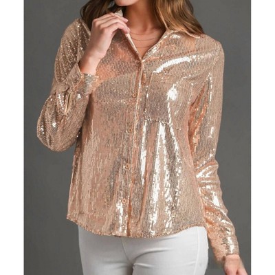 Women's Sequin Collared Long Sleeve Shirt - umgee