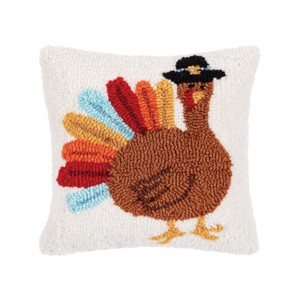 C&F Home 10" x 10" Colorful Turkey Tail in Pilgrim Hat Thanksgiving Hooked Small Petite Accent Throw Pillow - 1 of 4