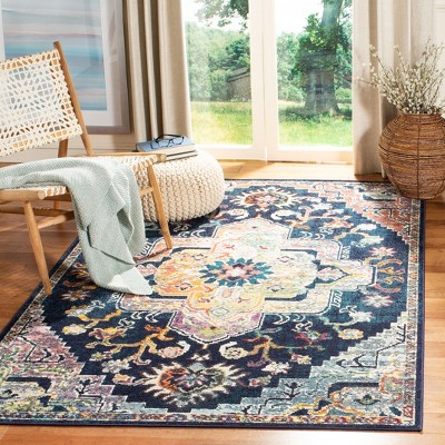 Navy and Fuchsia Floral Synthetic Area Rug