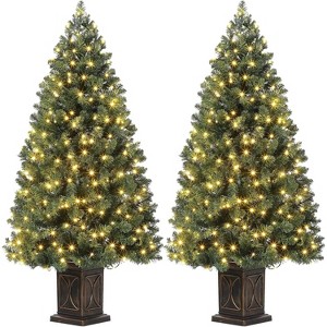 4.5 Ft Artificial Fiber Optic Christmas Tree, Pre-Lit Christmas Tree with 300 Led Lights, 8 Lighting Modes, Metal Hinges & Black Base, Green - 1 of 4