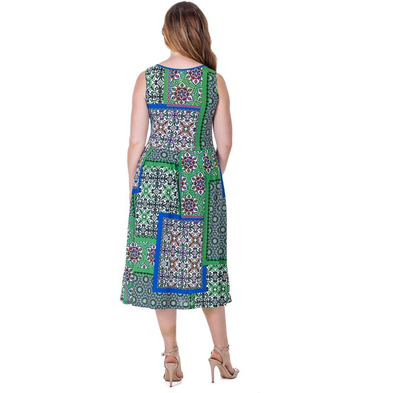 24seven Comfort Apparel Womens Midi Length Green Scarf Print Sleeveless Pleated Pocket Dress, 3 of 9