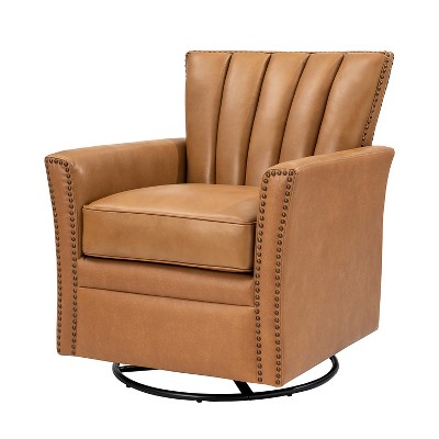 Eva Genuine Leather Swivel Rocker Armchair with Nailhead Trims for Living Room | ARTFUL LIVING DESIGN