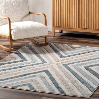 Blue Chevron Pattern Stain-Resistant Runner Rug