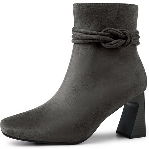 Allegra K Women's Knot Decor Square Toe Side Zip Chunky Heels Ankle Boots - 1 of 4