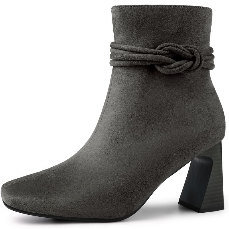 Allegra K Women's Knot Decor Square Toe Side Zip Chunky Heels Ankle Boots, 1 of 7