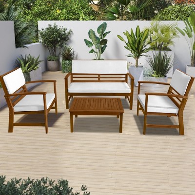 4-Piece Acacia Wood Outdoor Seating Set with White Cushions