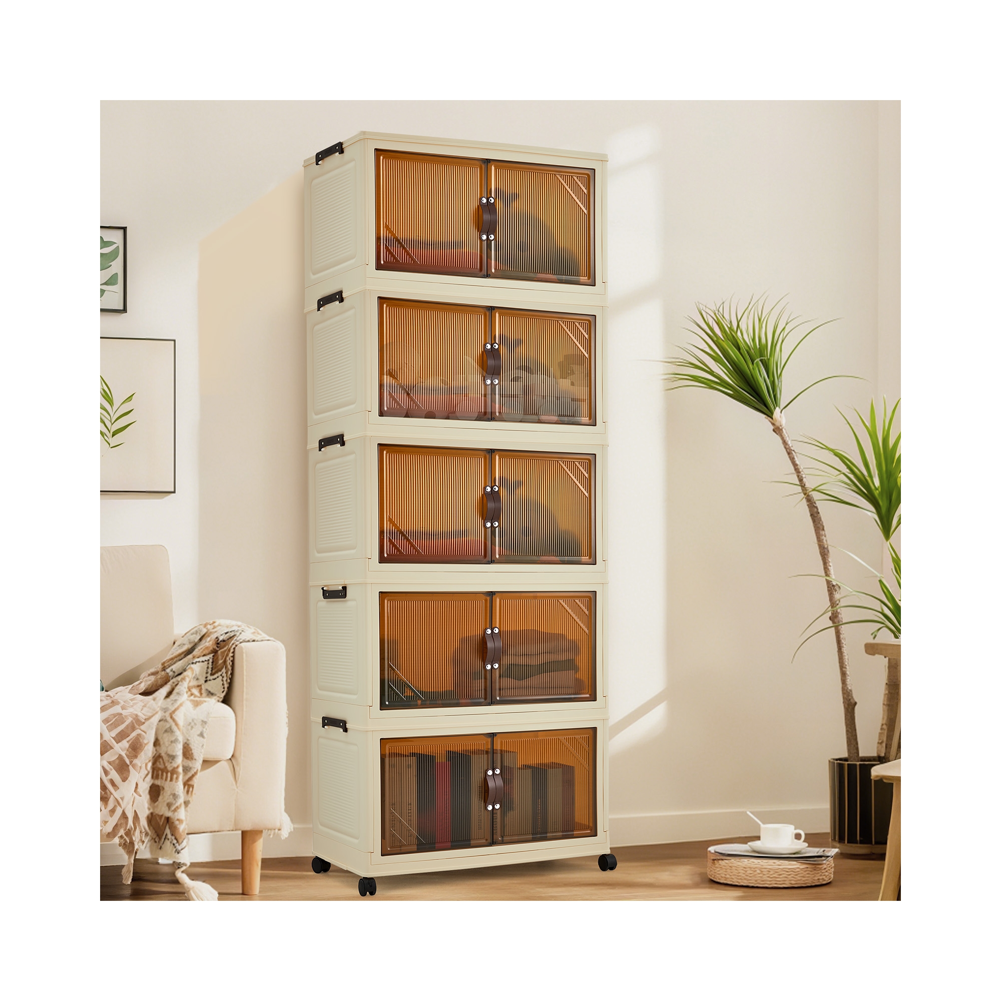 Foldable Wardrobe Cabinet with Magnetic Doors, 5-Tier Plastic Storage Organizer for Clothes, Toys, Laundry