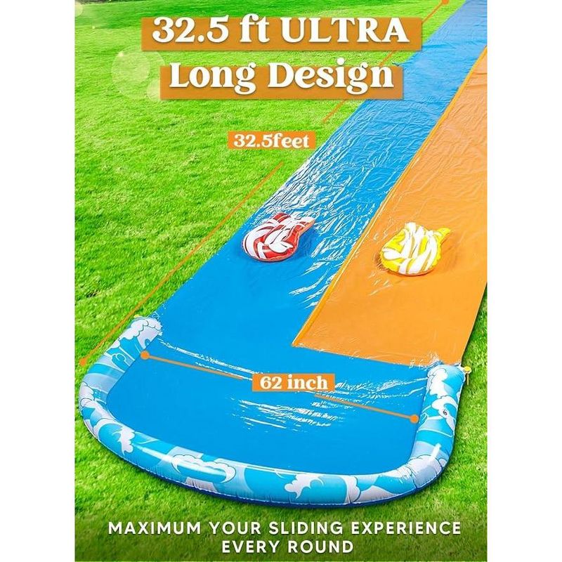 Syncfun 32.5ft Extra Long Water Slide and 2 Inflatable Boards, Heavy Duty Lawn Water Slides Double Waterslide Slip with Sprinkler for Kids, 2 of 8