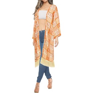 LA LEELA Women's Summer Holiday Beachwear Long Bathing Suit Open Front Slouchy Vacation Swimwear Coverups Duster Cardigans 2X-3X Orange, Check - 1 of 4
