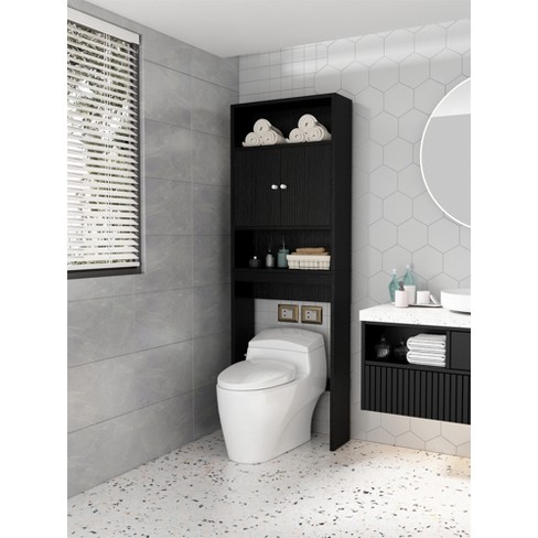 Over The Toilet Storage Rack With 2 Open Shelves And Doors, Black