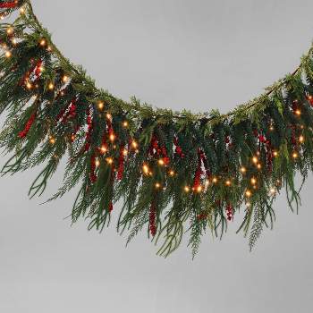 6' Pre-lit Mixed Greenery and Red Berries Artificial Christmas Garland Green with Warm White Lights - Wondershop™