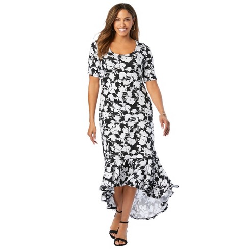 Jessica London Women's Plus Size Everyday Knit Flounce Hem Maxi Dress, 32 W  - Black White Floral