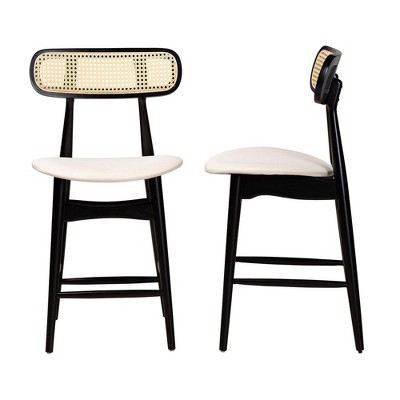 Cream and Black Woven Rattan Wood Counter Stools, Set of 2