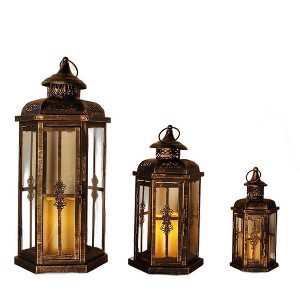 HomeRoots Set of Three Black And Gold Distressed Filigree Metal Tabletop Lantern Candle Holders - 1 of 3