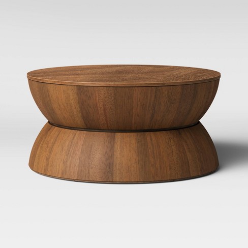 Prisma Round Natural Wood Turned Drum, Wood Drum Coffee Tables