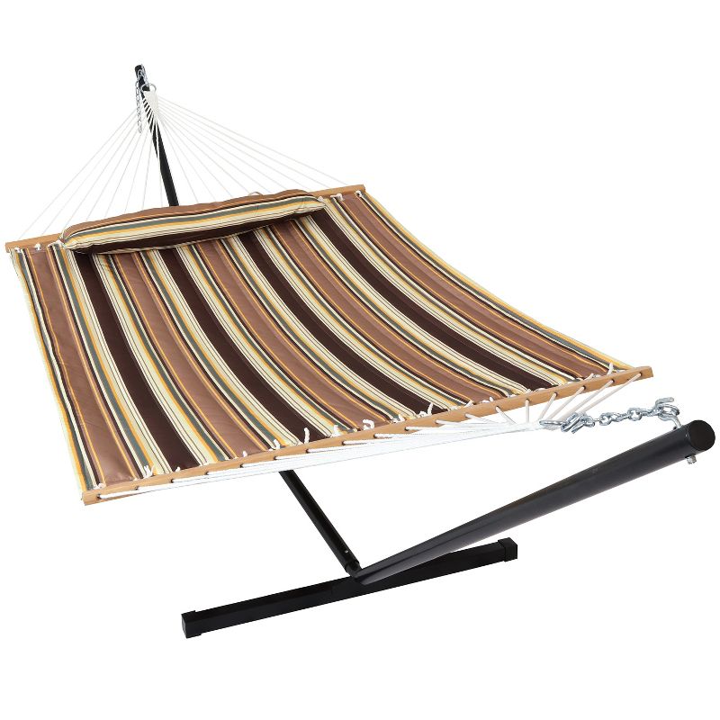 Sunnydaze Outdoor 2-Person Double Polyester Quilted Hammock with Wood Spreader Bar and 12ft Black Steel Stand, 1 of 18