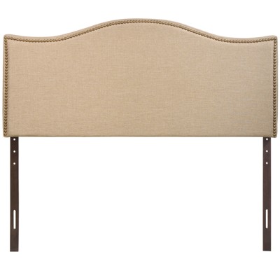 Beige Linen Upholstered Queen Headboard with Nailhead Trim