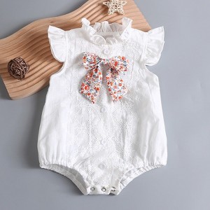 MyKids-USA Baby Girl Embroidery Pattern Round Neck Mullet Design Sleeveless Cardigan Onesies With Bow Decorations - 1 of 4