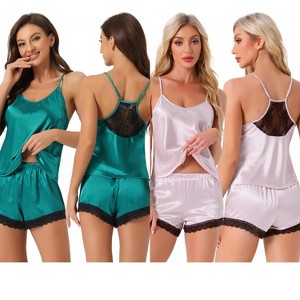 INSPIRE CHIC Women's 2 Pcs Satin Sleeveless Lace Trim Shorts Silky Short Pajama Sets - 1 of 4