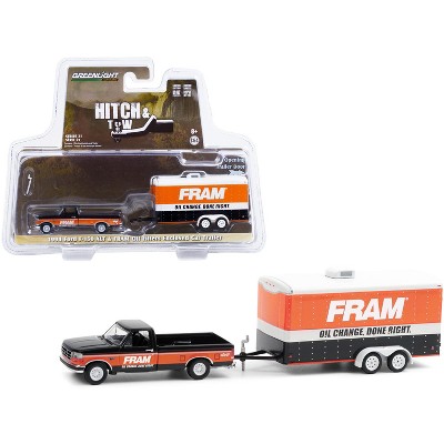1994 Ford F-150 XLT Pickup Truck Black & Orange & Enclosed Car Hauler "FRAM Oil" "Hitch & Tow" 1/64 Diecast Model by Greenlight