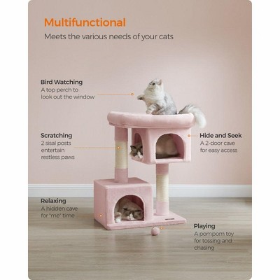 Jelly Pink Sisal Cat Tree Tower with Dual Caves