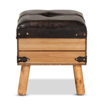 Rustic Oak and Dark Brown PU Leather Small Storage Ottoman