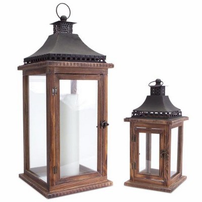 Melrose Set of 2 Cape Cod Wooden and Glass Pillar Candle Holder Lanterns - 23.5"