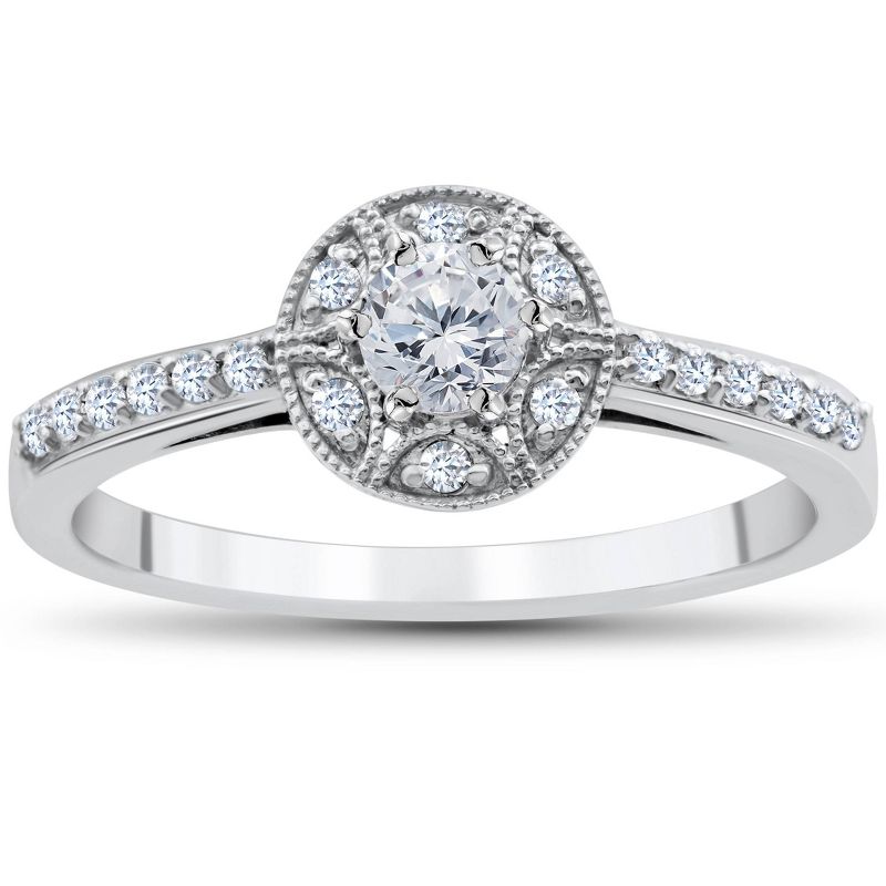 Pompeii3 1/2CT Vintae Diamond Halo Engagement Ring 10K White Gold, 1 of 5