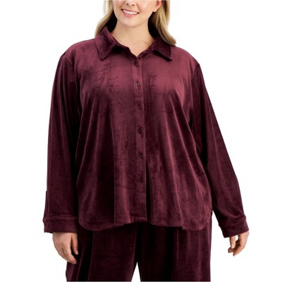 Calvin Klein Womens Velour Button Up Shirt, Purple, 1X