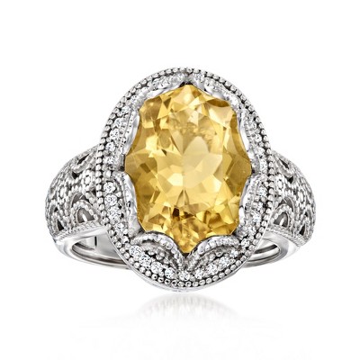 Ross-Simons 5.25 Carat Lemon Quartz and .17 ct. t.w. Diamond Scalloped Ring in Sterling Silver