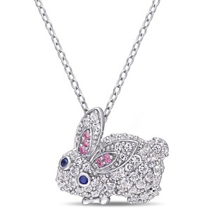 EVERLY JEWELRY | Sterling Silver 1 1/10 CT TGW Created Pink and White and Blue Sapphire Bunny Necklace, 18 inc - 1 of 4