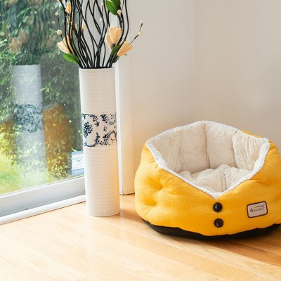 Small Gold Waffle and White Plush Cat Bed