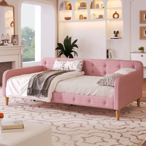 1pc Upholstered Daybed Frame, Linen Fabric Couch Bed with Armrests and Support Legs, No Box Spring Needed - Baofuwish - 1 of 4