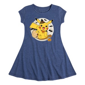 Girls' Pokémon Pikachu Moon Witch Fit & Flair Cap Sleeve Graphic Dress - Heather Navy - Medium - 1 of 3