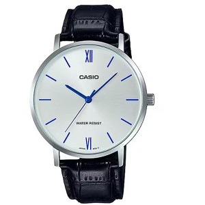 Casio Men’s Silver Analog Watch with Blue Accents and Leather Strap - MTP-VT01L-7B1 - 1 of 2