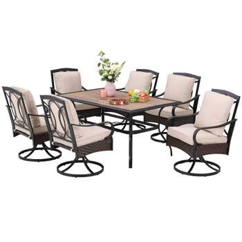 7pc Outdoor Dining Set with Swivel Chairs with Cushions & Faux Wood Bistro Table with Umbrella Hole - Captiva Designs