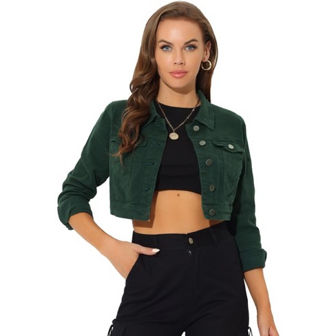 Allegra K Women s Classic Long Sleeve Button Down Trucker Jean Denim Jacket Dark Green X large Target