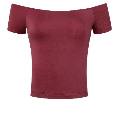 INSPIRE CHIC Women's Short Sleeves Off The Shoulder Stretchy Fabric Solid Crop Top