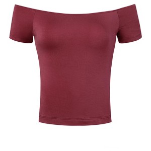 INSPIRE CHIC Women's Short Sleeves Off The Shoulder Stretchy Fabric Solid Crop Top - 1 of 4