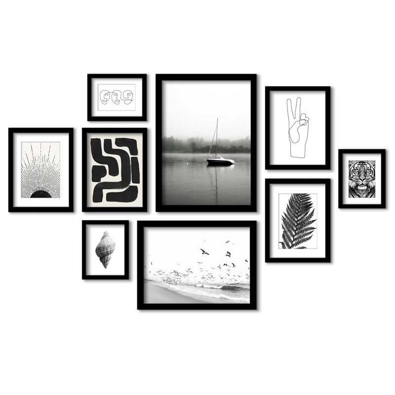 Americanflat Botanical Modern (Set Of 9) Black And White Serenity Framed Matted Gallery Wall Art Set, 1 of 6