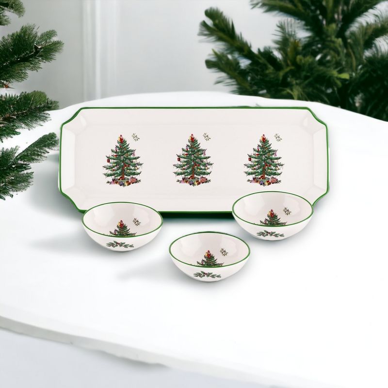 Spode Christmas Tree Rectangular Tray with Dipping Bowls, 4 Piece Dip Set Includes Tray and 3 Dip Bowls for Sauce, Nuts, Candy and Condiments, 3 of 4