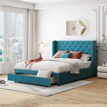 Queen Size Upholstered Platform Bed Velvet Storage Bed with Wingback Headboard and a Big Drawer-ModernLuxe