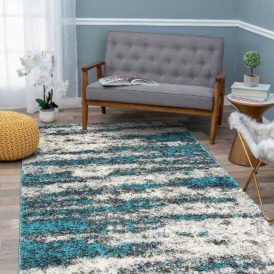 Turquoise Shag Abstract 5' x 7' Easy-Care Synthetic Area Rug