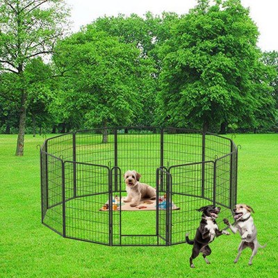 39.37" Dog Playpen,12 Panels Foldable Portable Pole Connection Wrought Iron Pet Play Pen, Outdoor Indoor Dog Exercise Pen For Yard, RV, Camping-Black