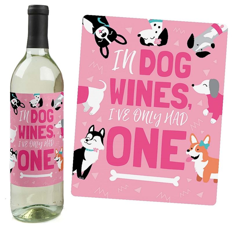 Big Dot of Happiness Pawty Like a Puppy Girl - Pink Dog Baby Shower or Birthday Party Decor for Women and Men - Wine Bottle Label Stickers - Set of 4, 2 of 9